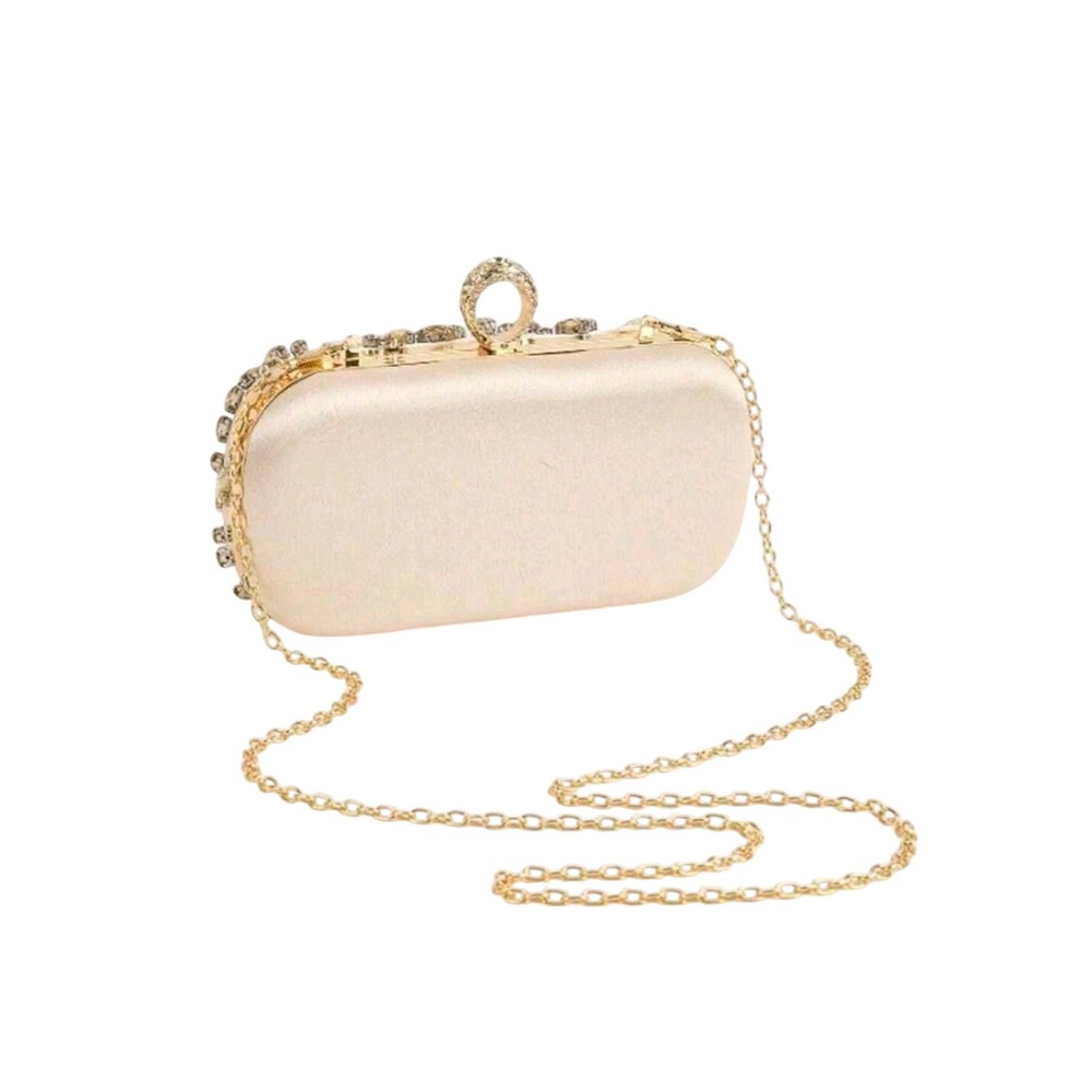 Champagne Satin Beaded Evening Clutch Rhinestone Pearl Minaudiere Bag Gold Chain - Picture 3 of 6
